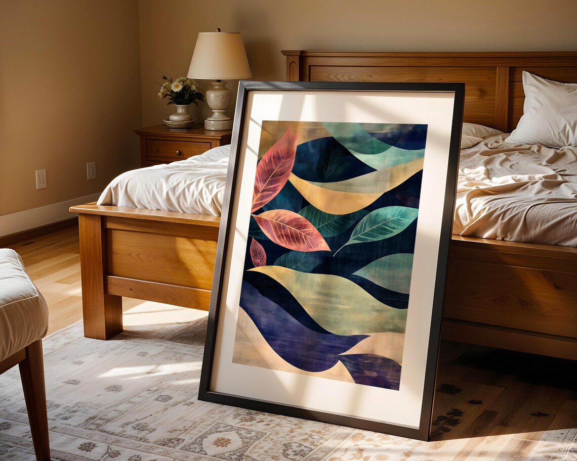 Colorful Abstract Botanical Leaves Navy Blue Waves Art Print - Image 4