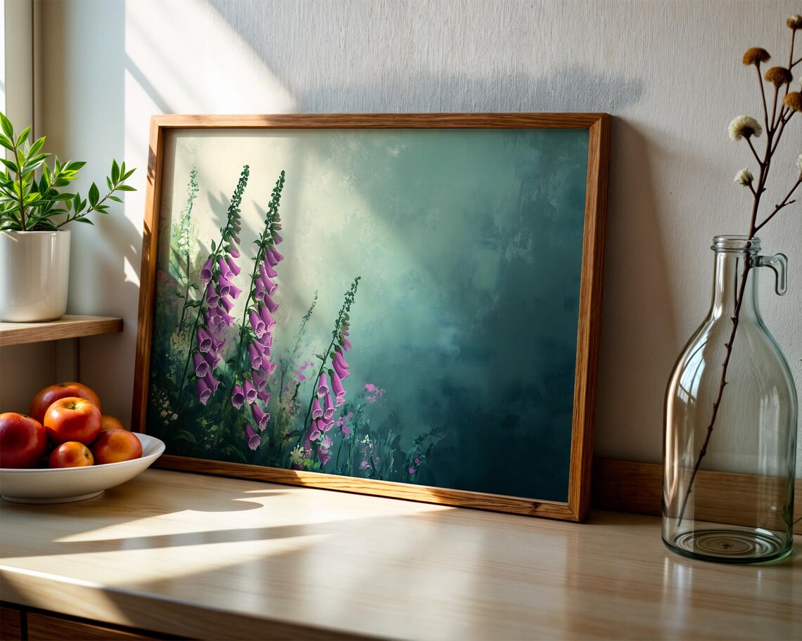 Purple Foxglove Flowers Misty Teal Garden Watercolor Art Poster - Image 2