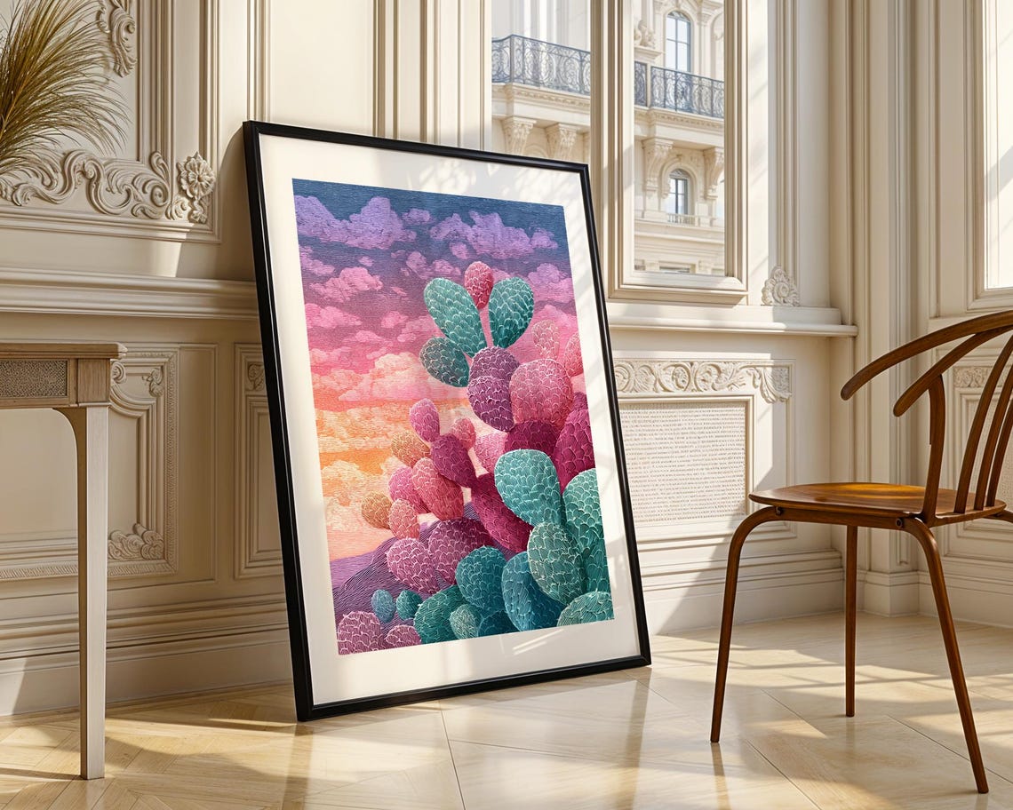 Colorful Prickly Pear Cactus Sunset Pointillism Desert Poster - Image 3