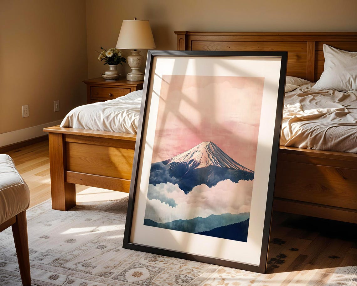 Mount Fuji Above Soft Pink Clouds Japanese Watercolor Art Poster - Image 4