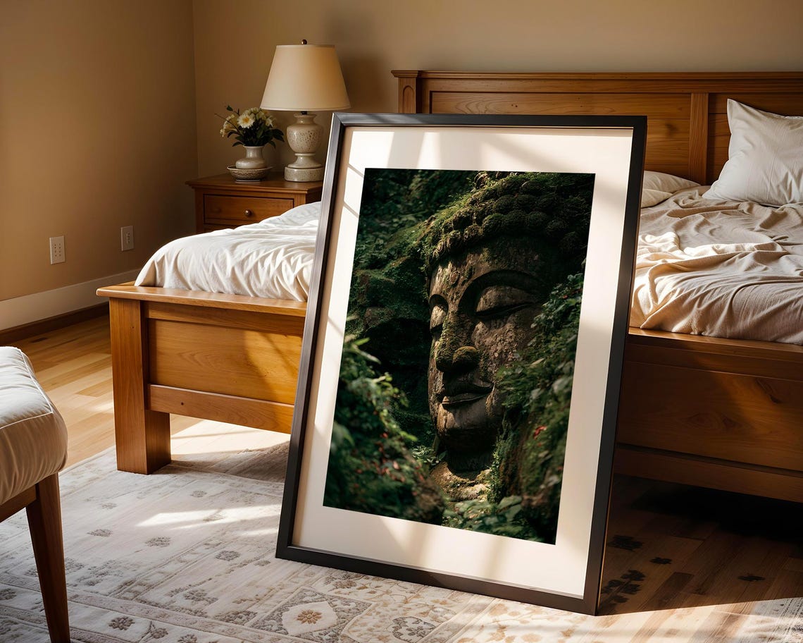 Ancient Moss Covered Buddha Head Zen Jungle Statue Photo Poster - Image 5