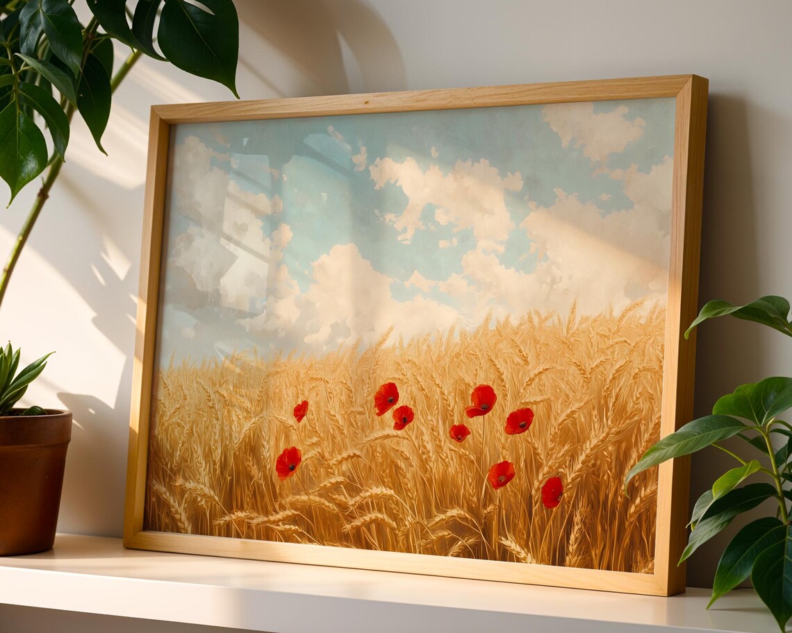 Golden Wheat Field Red Poppies Summer Landscape Oil Painting Poster - Image 5