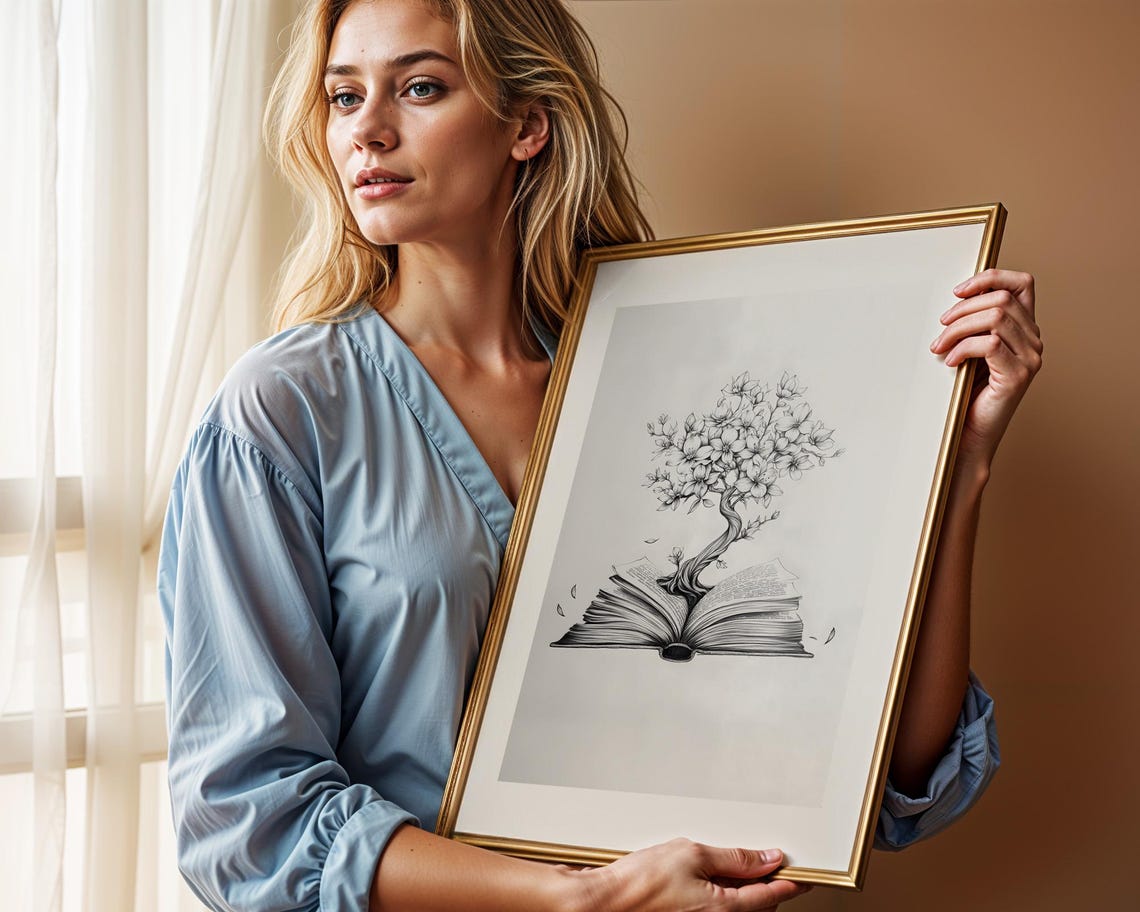 Blooming Book Tree Growing From Open Book Literary Sketch Poster - Image 2