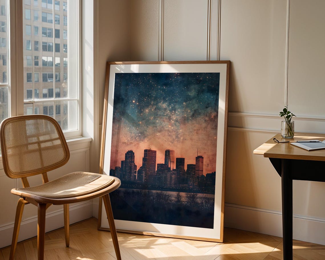 Starlit City Skyline Under Night Sky Celestial Urban Painting Poster - Image 3