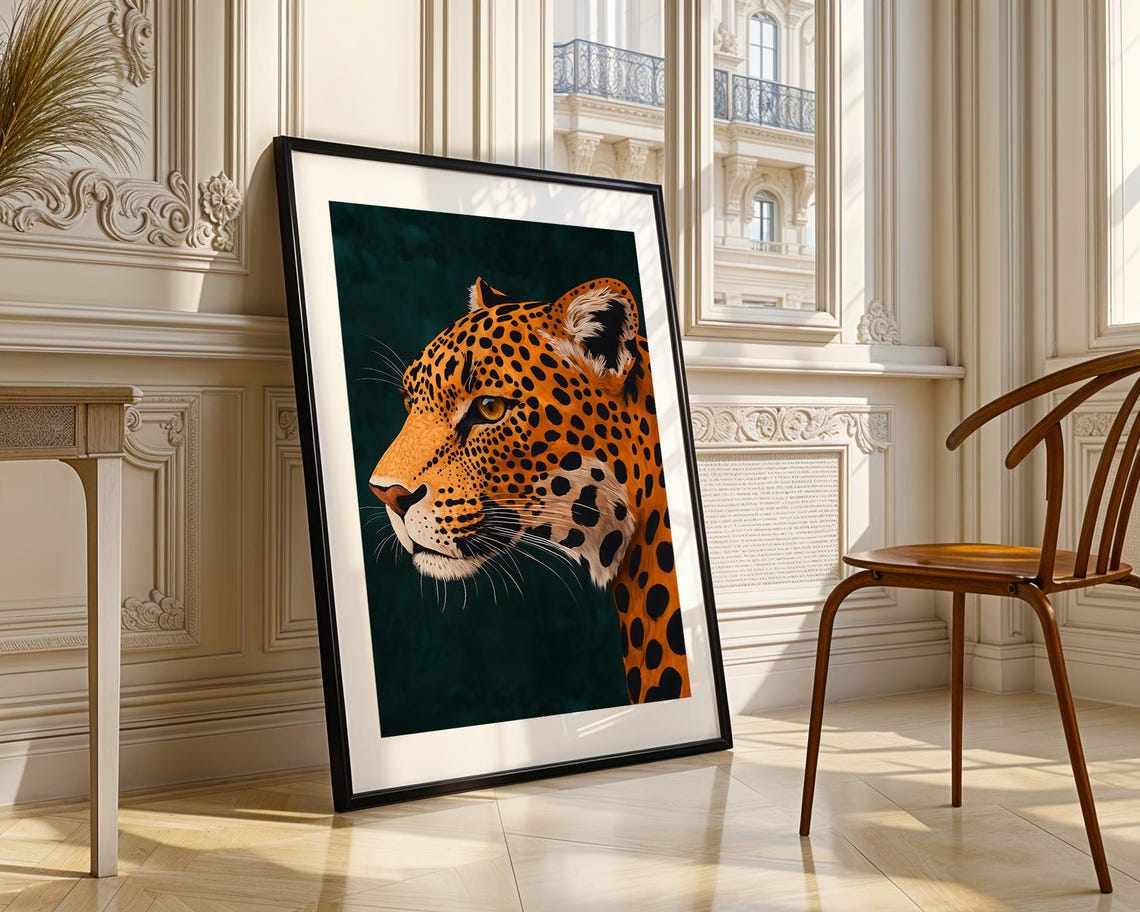 Leopard Portrait Profile Dark Green Dramatic Wildlife Art Poster