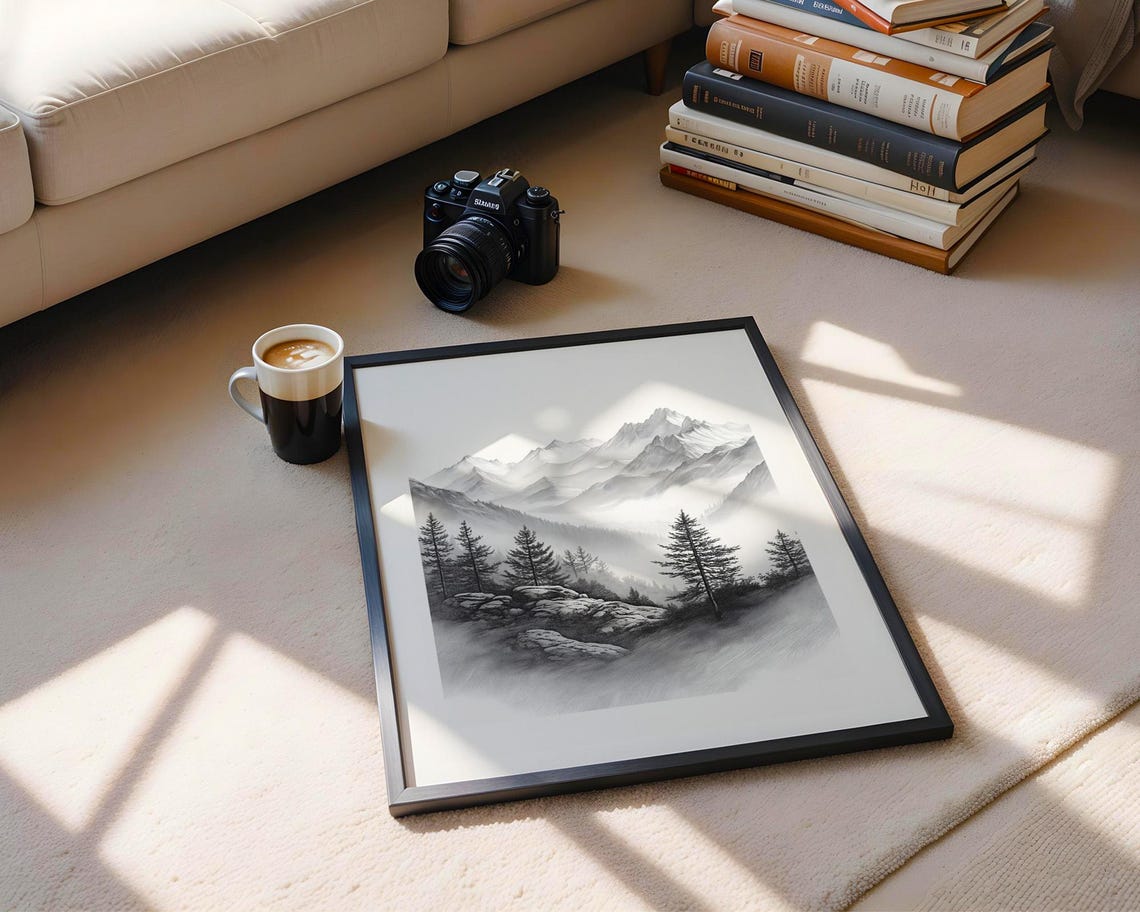 Misty Pine Forest Mountain Range Pencil Sketch Wall Art Monochrome Landscape Poster For Living Room Office Nursery Decor - Image 5