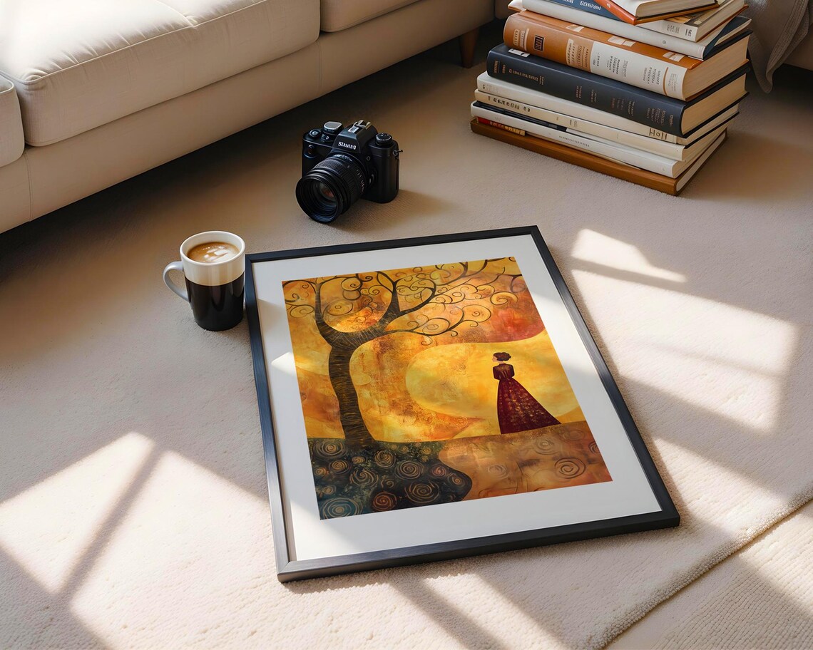 Golden Klimt Style Tree Swirling Branches Woman Red Dress Art Poster - Image 5