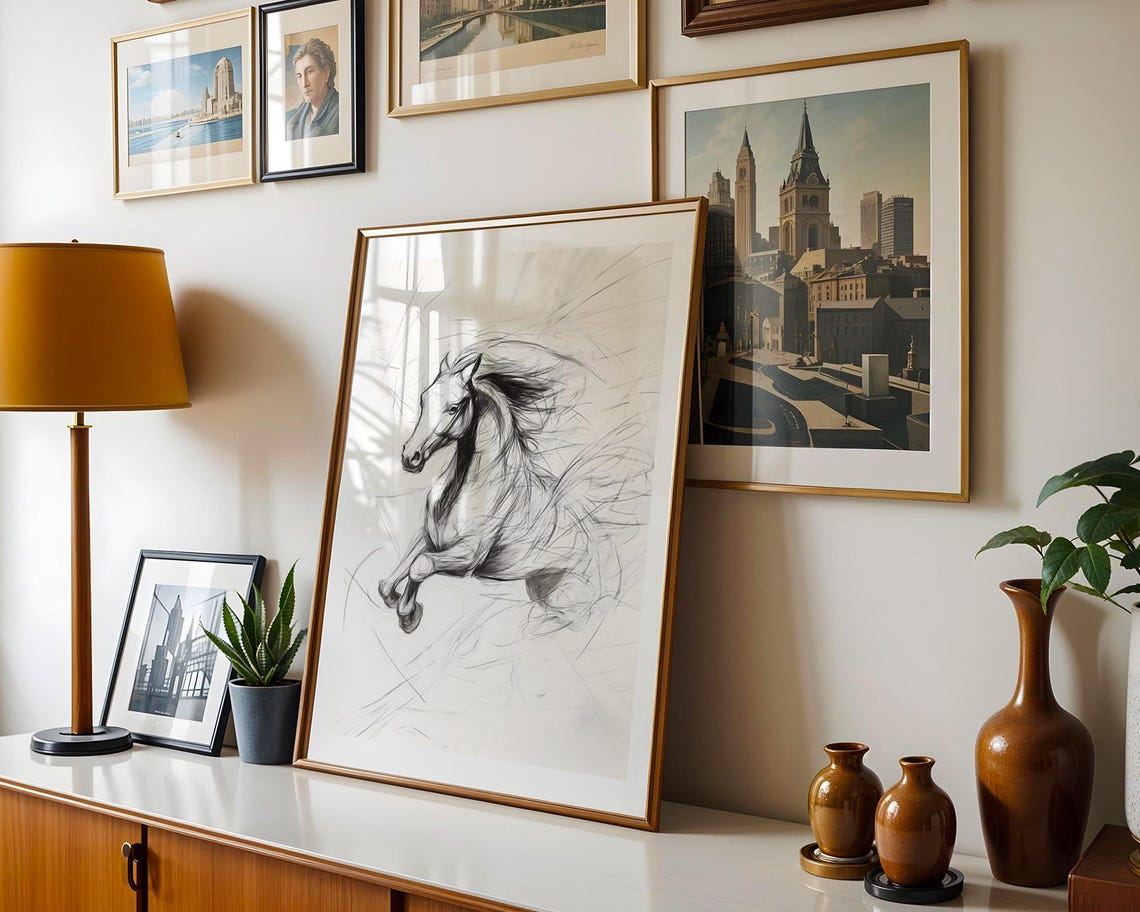 Galloping Horse Pencil Sketch Monochrome Equine Dynamic Drawing Poster - Image 4