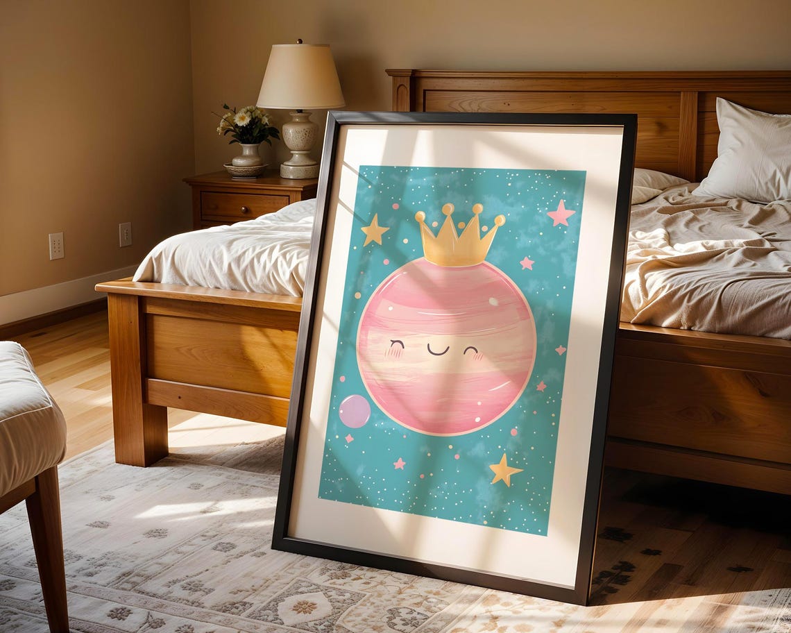 Cute Smiling Pink Planet Gold Crown Nursery Starry Art Poster - Image 4