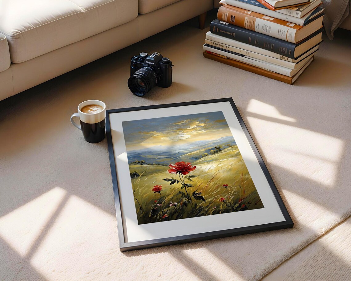 Red Rose Field Mountain Landscape Golden Sunset Oil Painting Poster - Image 5