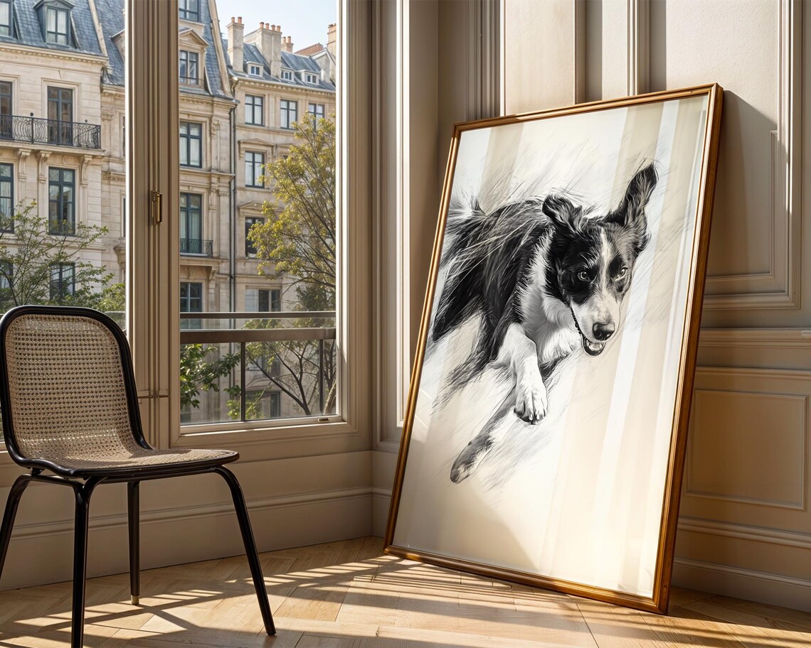 Border Collie Running Sketch Black And White Dog Pencil Wall Art - Image 3