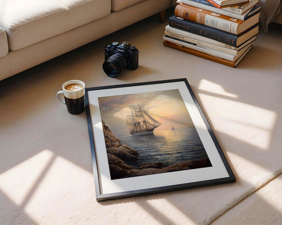 Tall Sailing Ship At Sunset Realistic Ocean Seascape Art Poster - Image 5