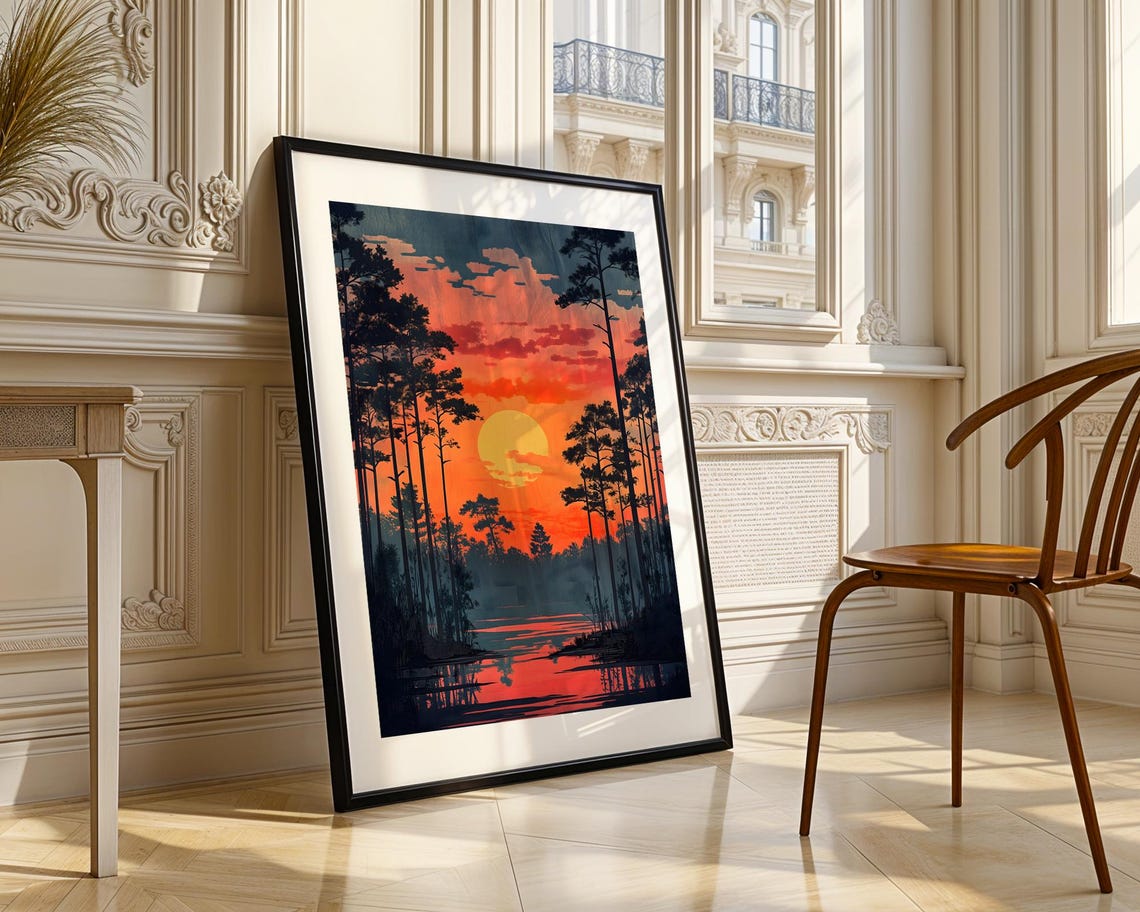 Fiery Sunset Pine Silhouettes Wetland Reflection Forest Poster - Image 3