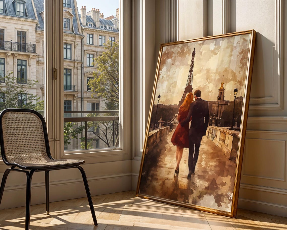 Eiffel Tower Paris Couple Bridge Stroll Watercolor Art Poster - Image 3