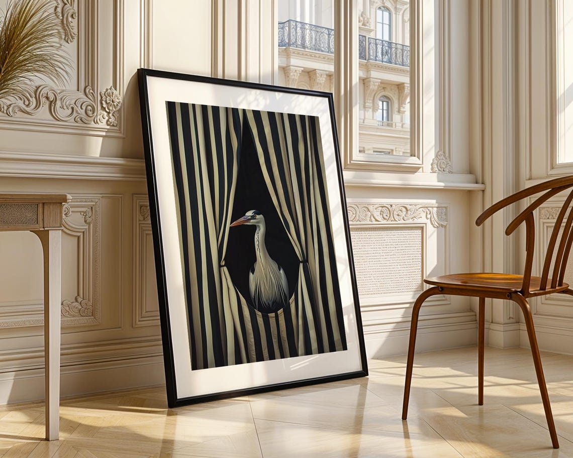 Grey Heron Bird Elegant Dramatic Striped Curtain Wildlife Art Print - Image 3