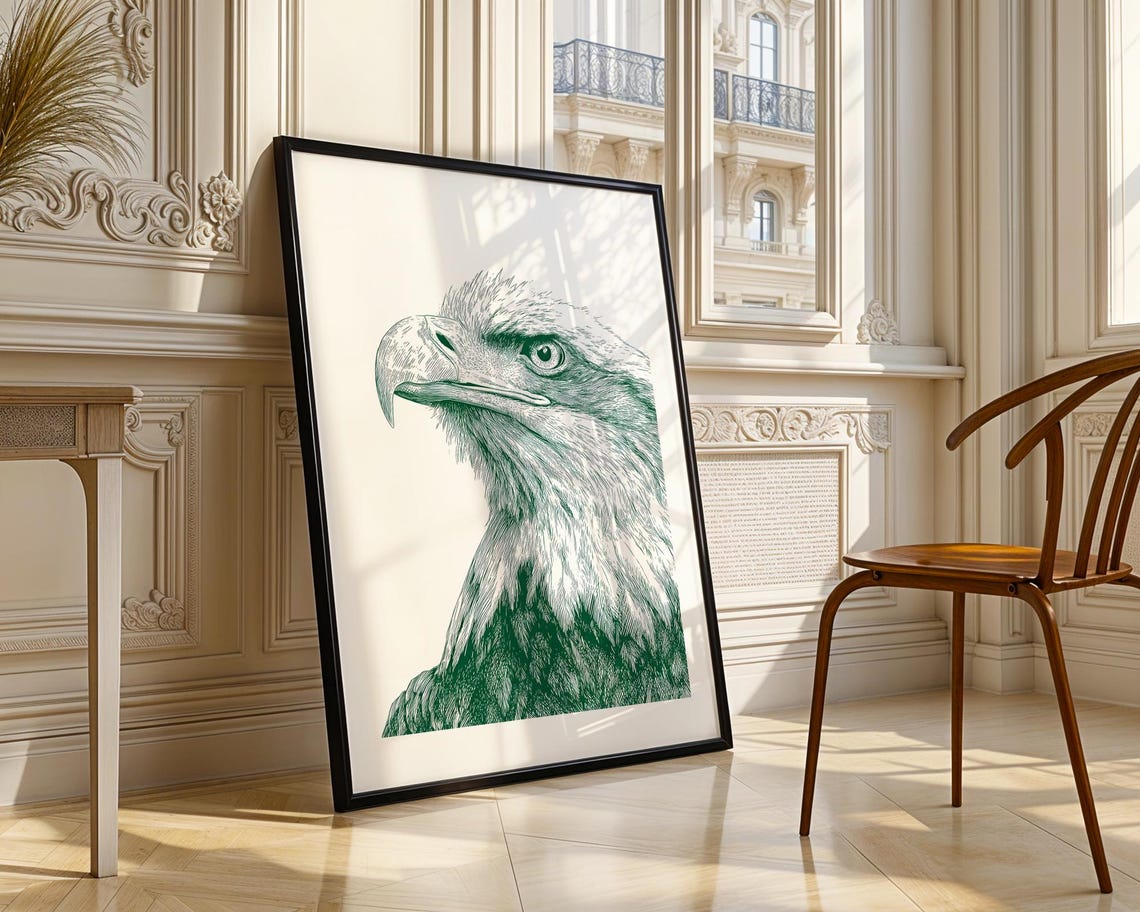 Bald Eagle Head Green Ink Engraving Style Wildlife Portrait Poster - Image 4