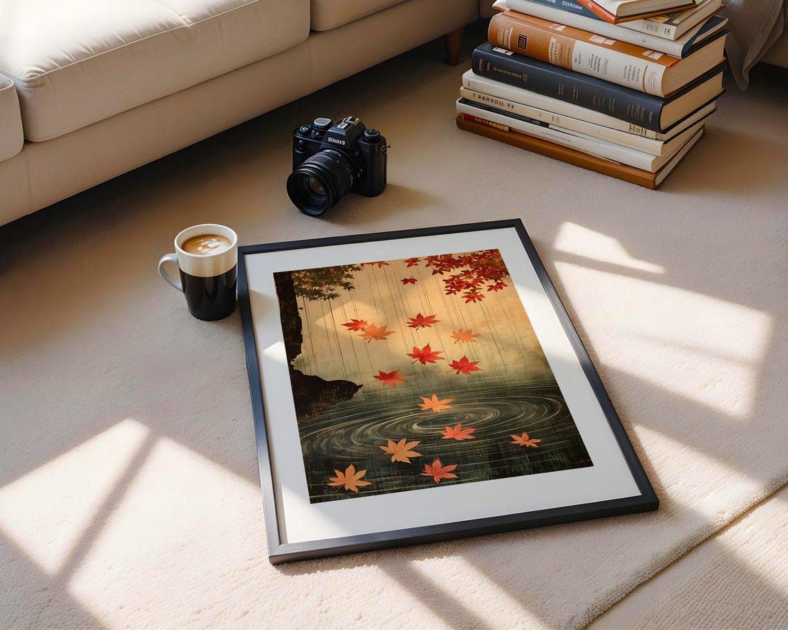Japanese Maple Leaves Falling on Pond Art Poster in Ukiyo-e Style - Image 5