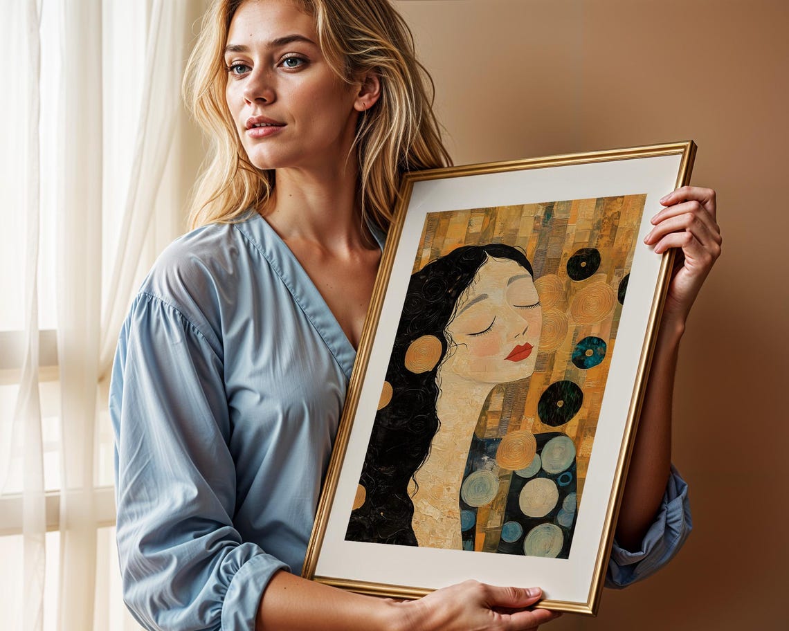 Golden Mosaic Woman Portrait Art Nouveau Style Elegant Gold Poster - Image 2