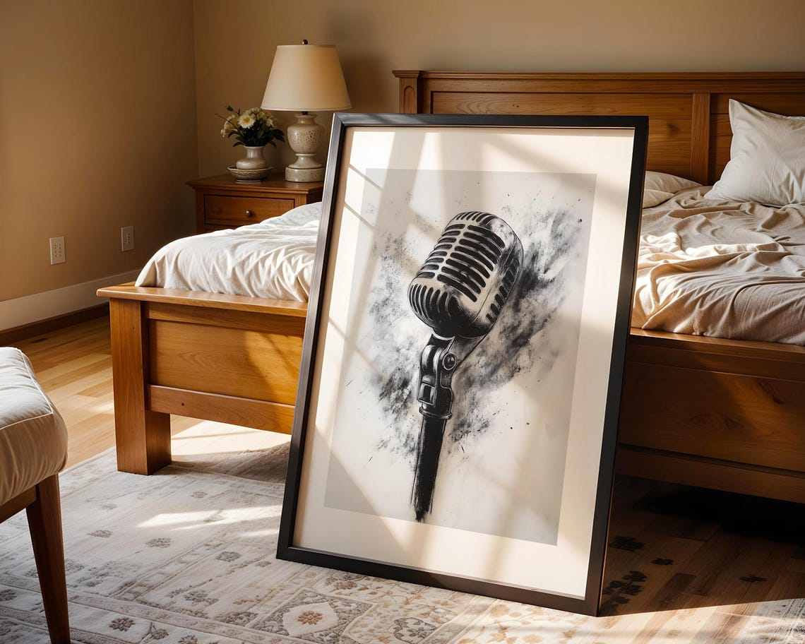 Classic Vintage Microphone Black Charcoal Splatter Music Art Poster - Image 5