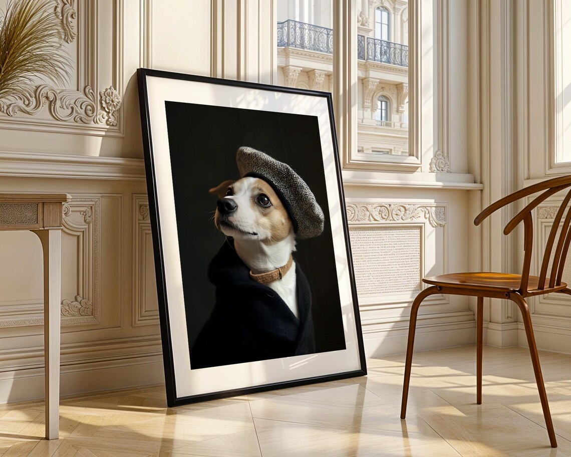 Terrier Dog Wearing Beret Dark Painterly Pet Portrait Poster