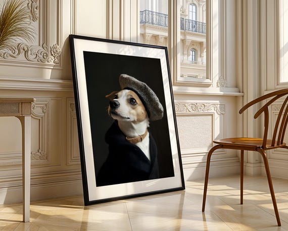 Stylish Dog In Beret Coat Portrait Wall Art Print Cute Puppy Illustration Pet Animal Drawing Lover Modern Home Decor