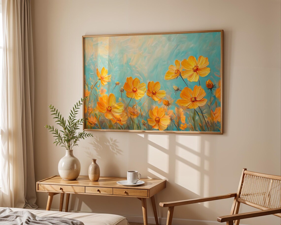 Golden Yellow Cosmos Flowers Teal Background Floral Art Poster