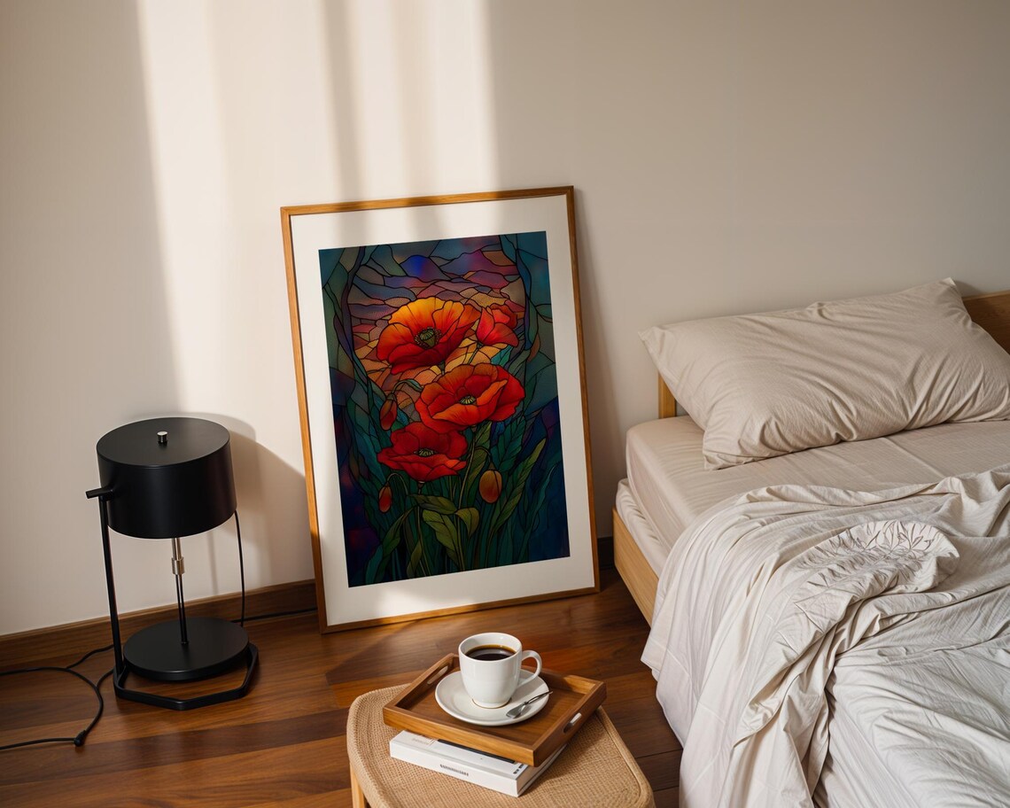 Vivid Glowing Red Poppies Stained Glass Style Floral Decor Poster - Image 2