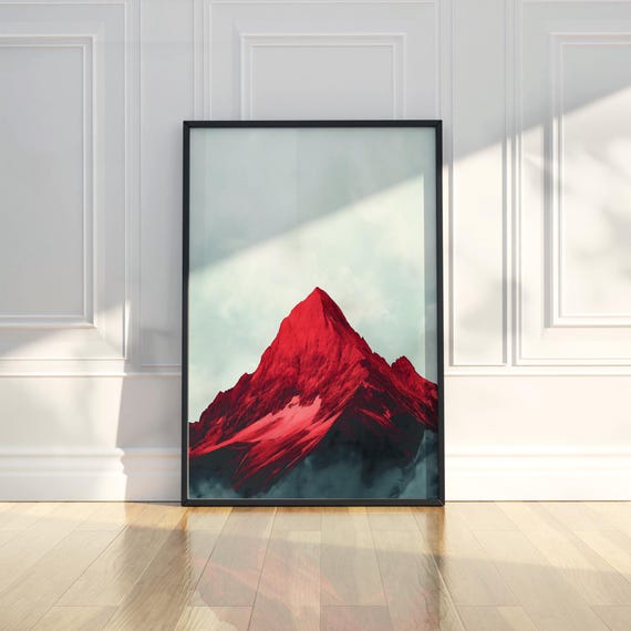Dramatic Red Mountain Peak Wall Art Print Abstract Landscape Nature Surreal Modern Contemporary Home Decor Living Bedroom Office Bold