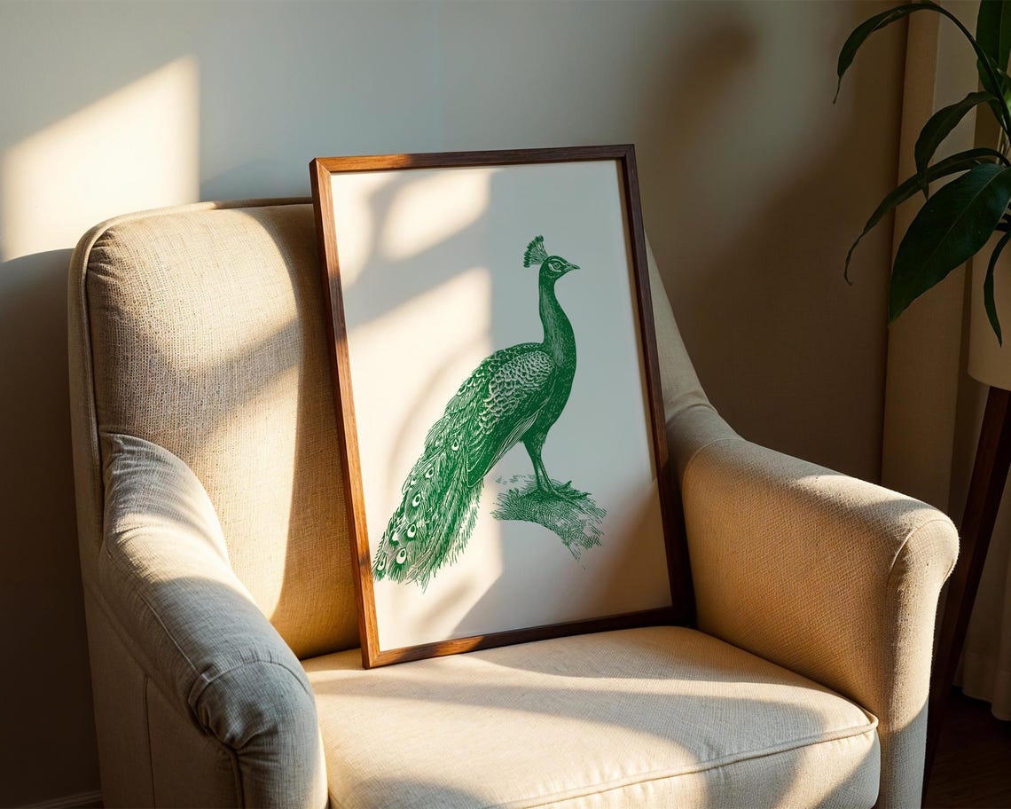 Green Peacock Vintage Engraving Bird Illustration Wildlife Poster - Image 2