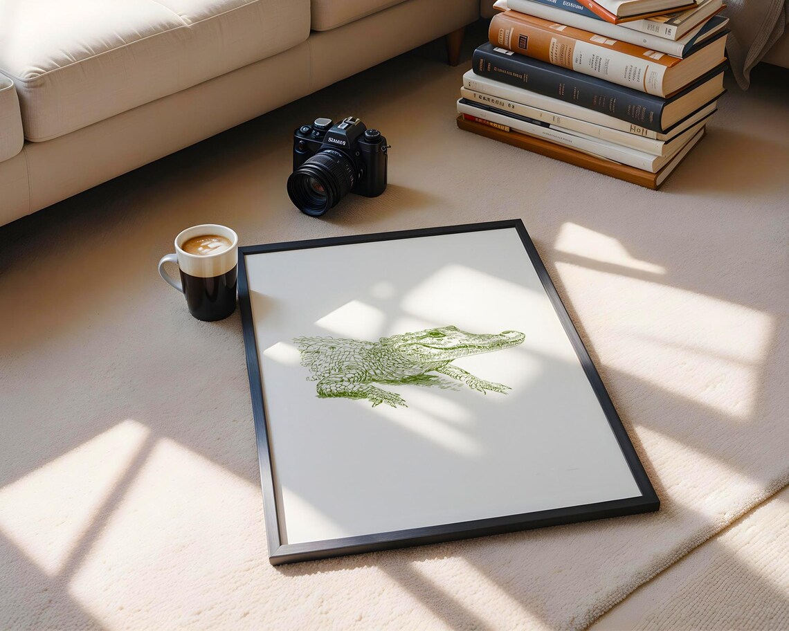 Green Crocodile Ink Illustration Detailed Reptile Wildlife Art Poster - Image 6