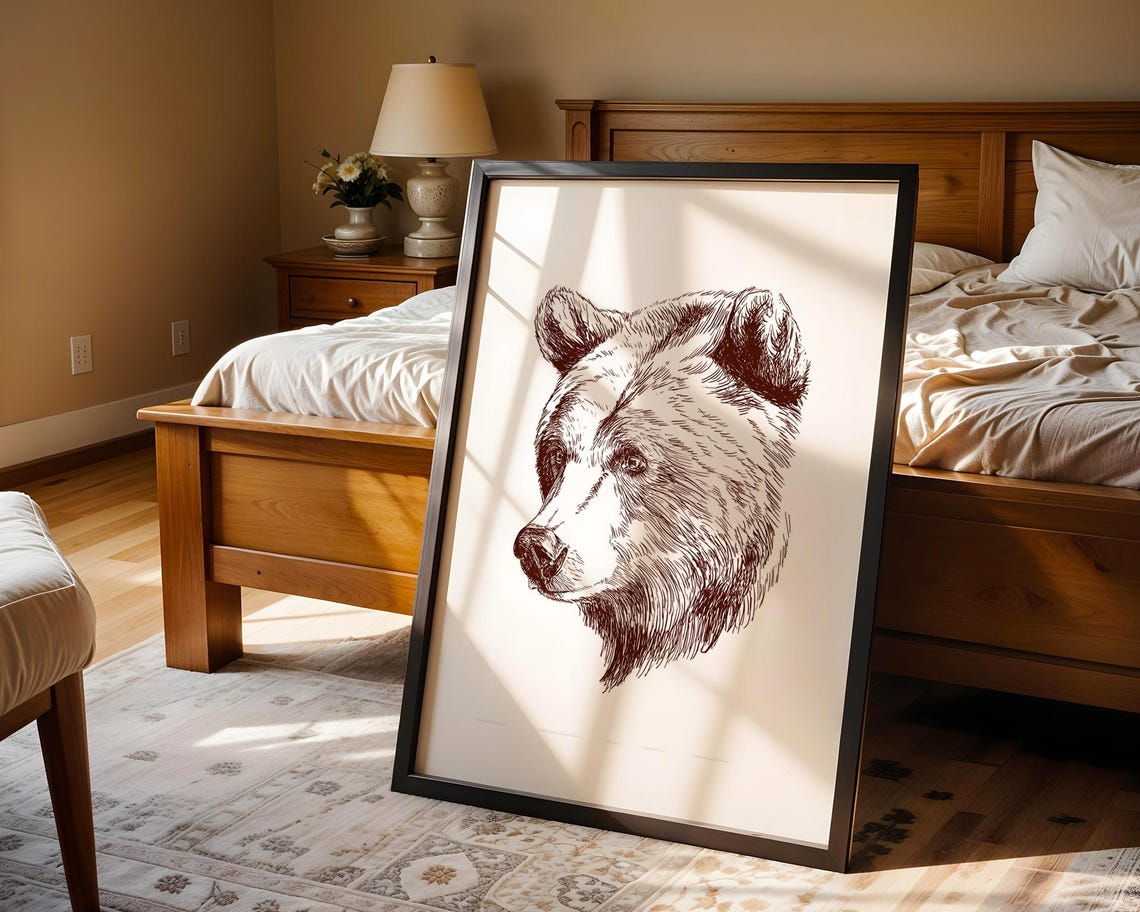 Watchful Bear Head Brown Pencil Sketch Wildlife Line Drawing Poster - Image 5