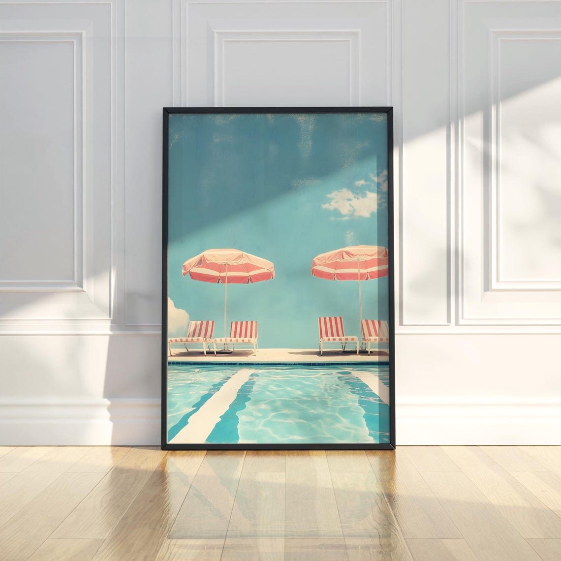 Retro Poolside Scene Striped Umbrellas Turquoise Summer Poster