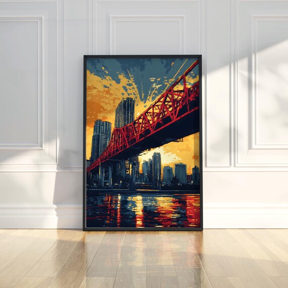 Red Steel Bridge Sunset City Skyline Vintage Pop Artwork Art Poster
