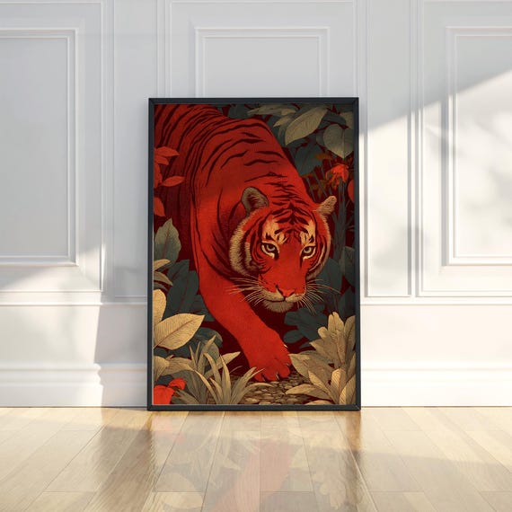 Boho Tiger Botanical Animal Painting Trendy Asian Japanese Poster Wall Art Print Modern Home Decor Artwork Gift