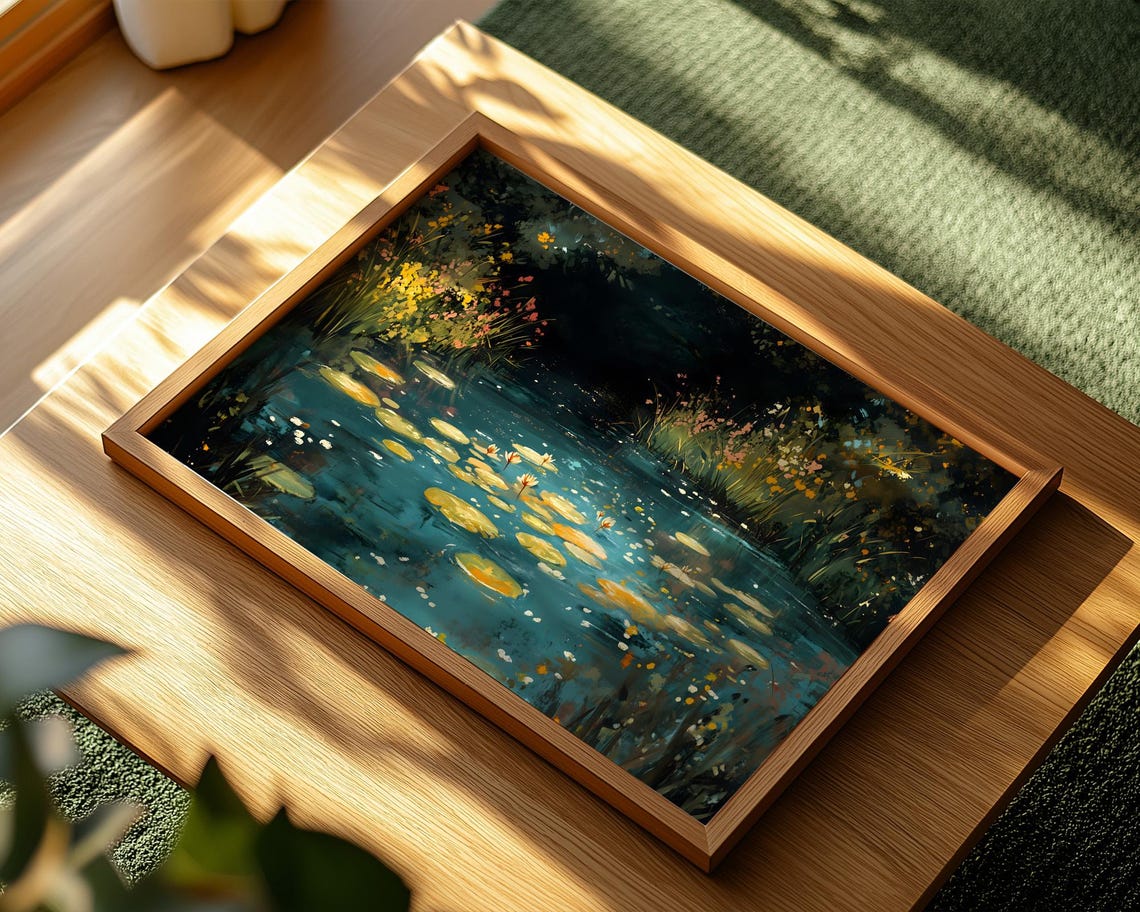 Dark Pond Water Lilies Impressionist Night Garden Floral Wall Art - Image 2