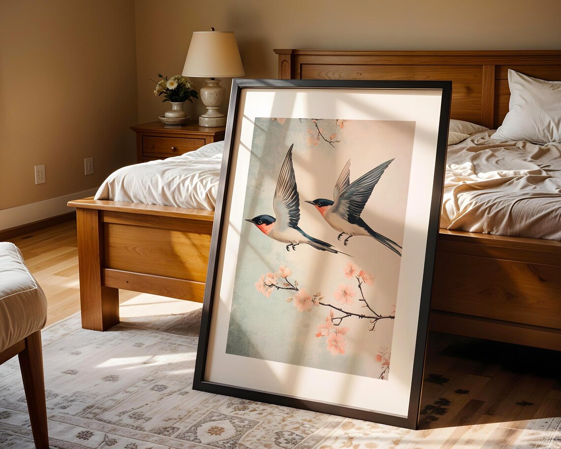 Japanese Swallows Flying with Pink Cherry Blossom Art Poster - Image 4