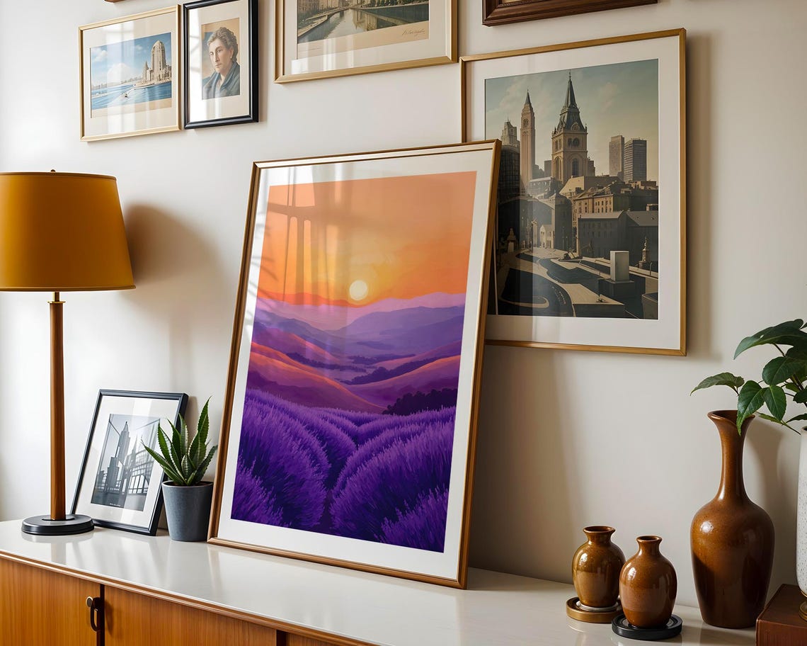 Lavender Hills Sunset Orange Sky Purple Flower Fields Art Poster - Image 5