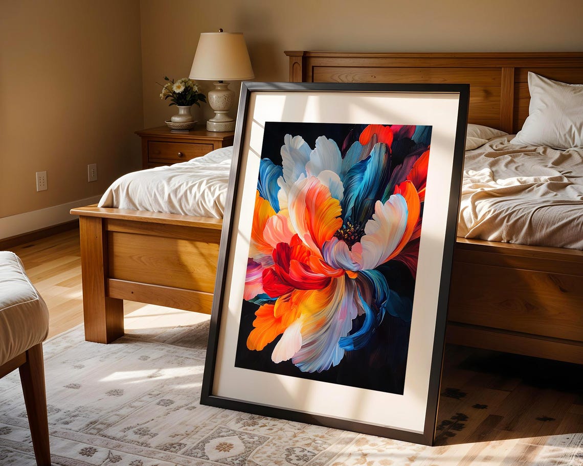Vibrant Abstract Multicolor Flower Bold Black Background Poster