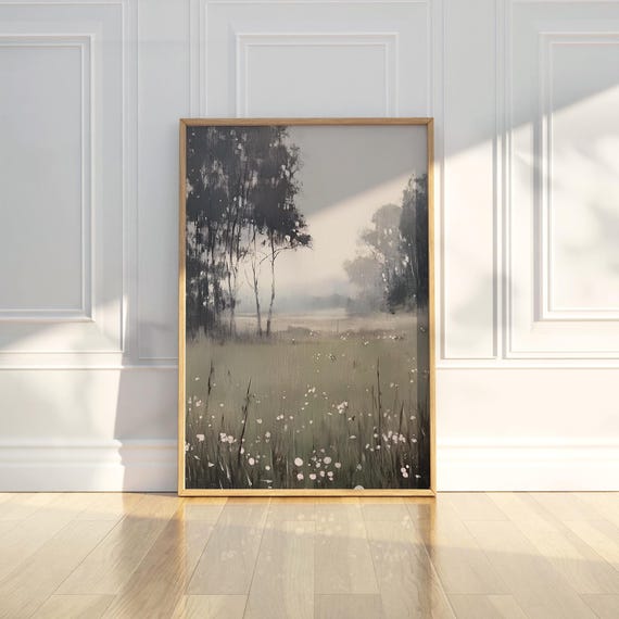 Misty Moody Landscape Painting Monochrome Wall Art Print Field With Flowers Serene Nature Scene Atmospheric Modern Home Decor Tranquil View