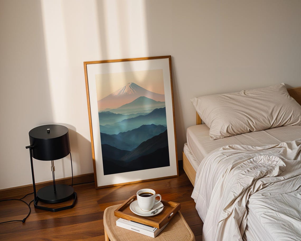Mount Fuji Above Blue Misty Mountain Layers Minimal Art Poster - Image 2
