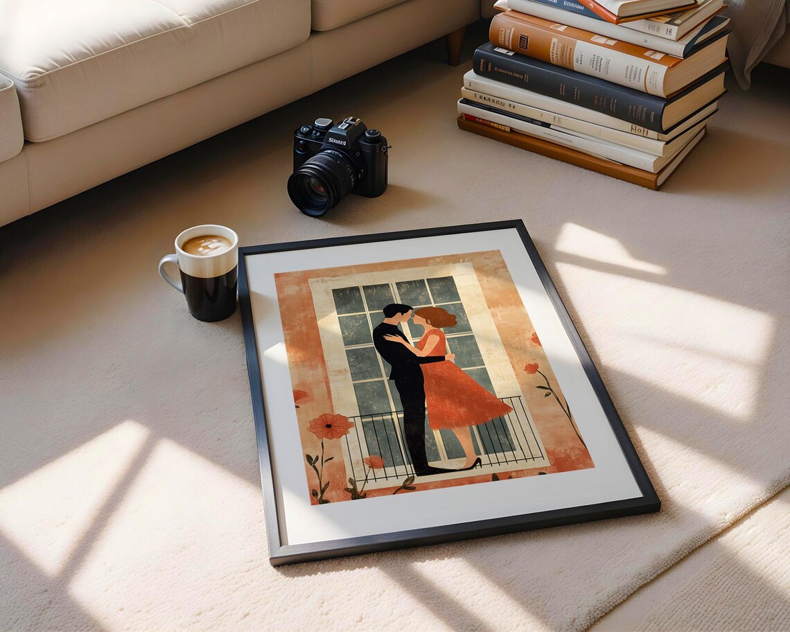 Vintage Couple Dancing Balcony Orange Poppies Romance Art Poster - Image 5