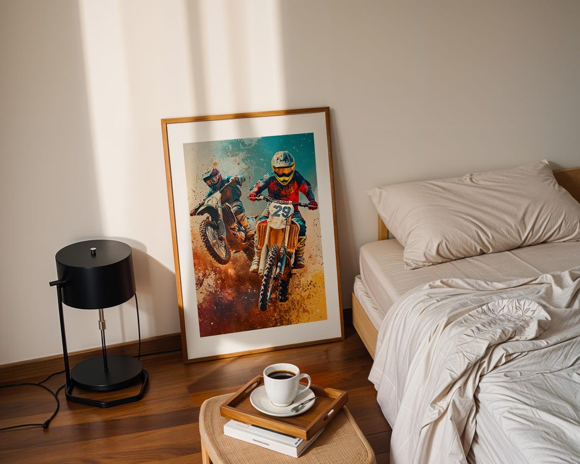 Two Motocross Riders Racing Dirt Bikes Watercolor Sports Print - Image 2
