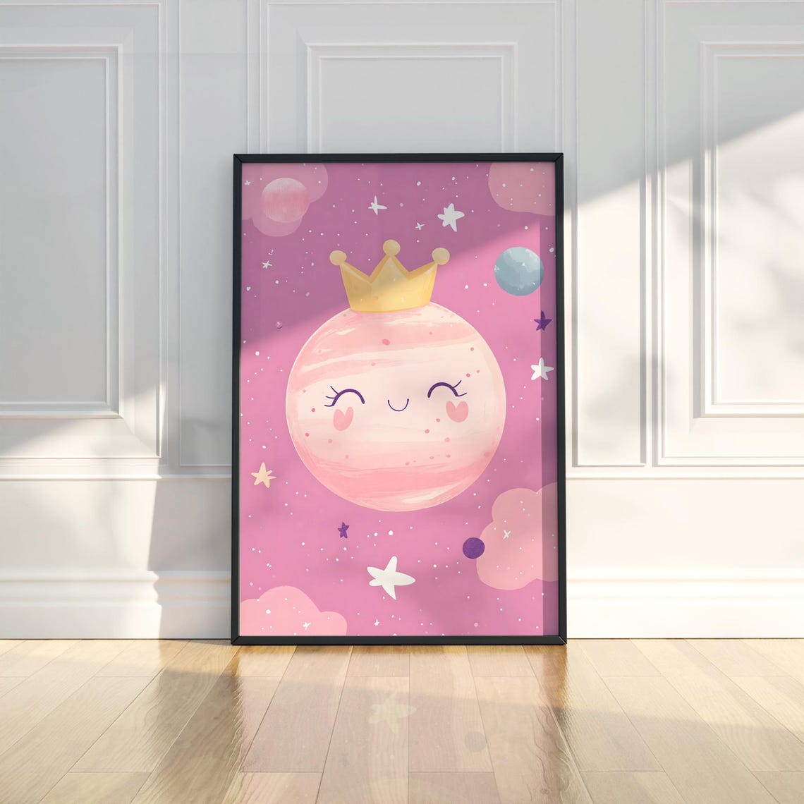 Cute Pink Planet with Golden Crown Smiling Face Nursery Art Poster