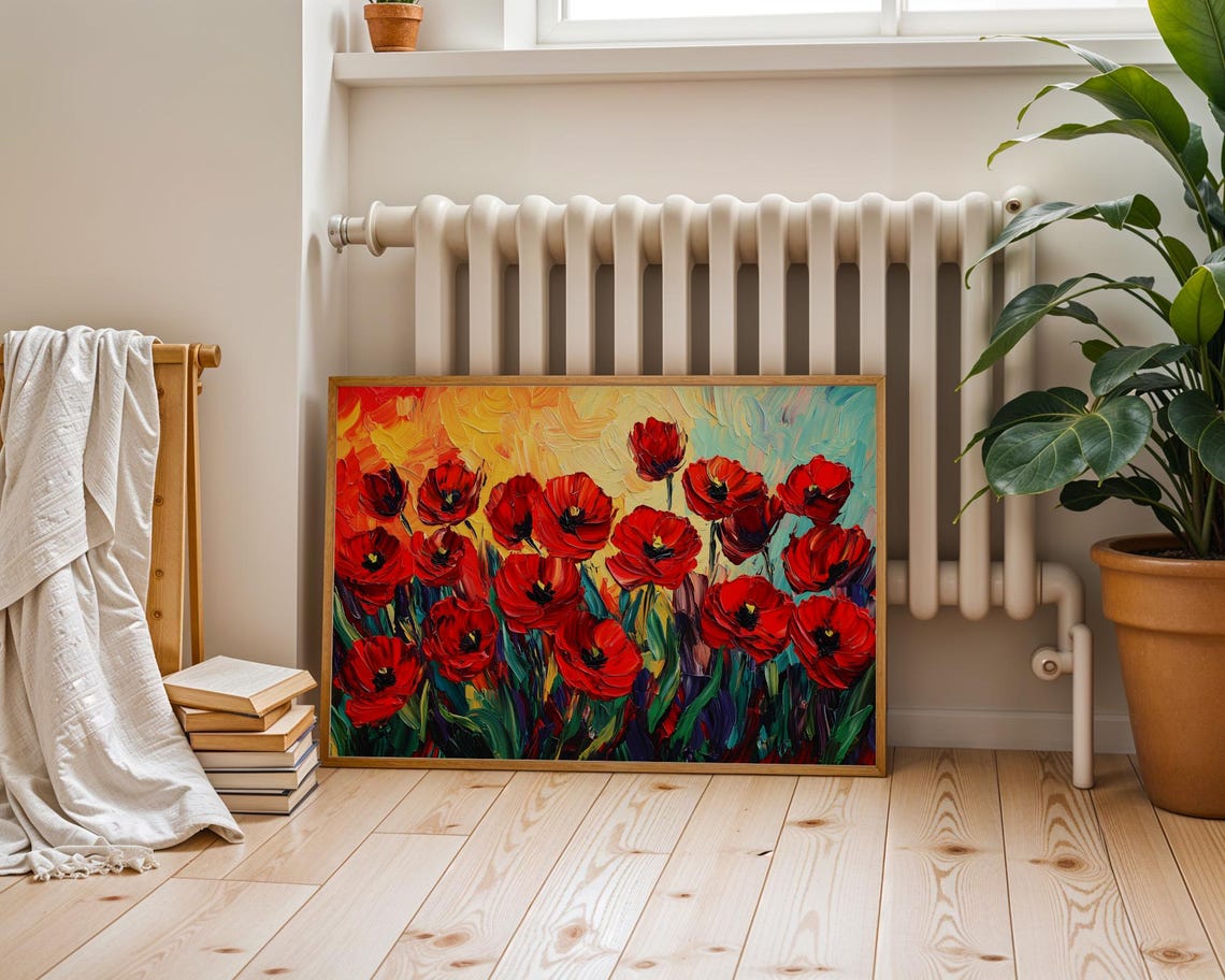 Red Poppies Impasto Oil Painting Bold Floral Field Artwork Poster - Image 3