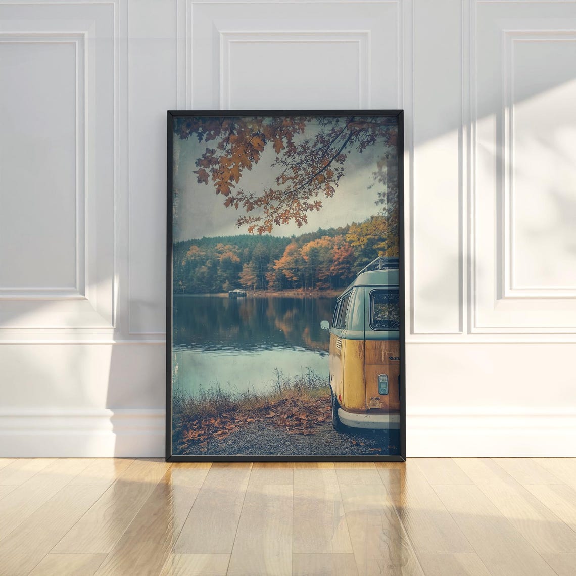 Retro Camper Van Autumn Lake Fall Foliage Vintage Travel Poster