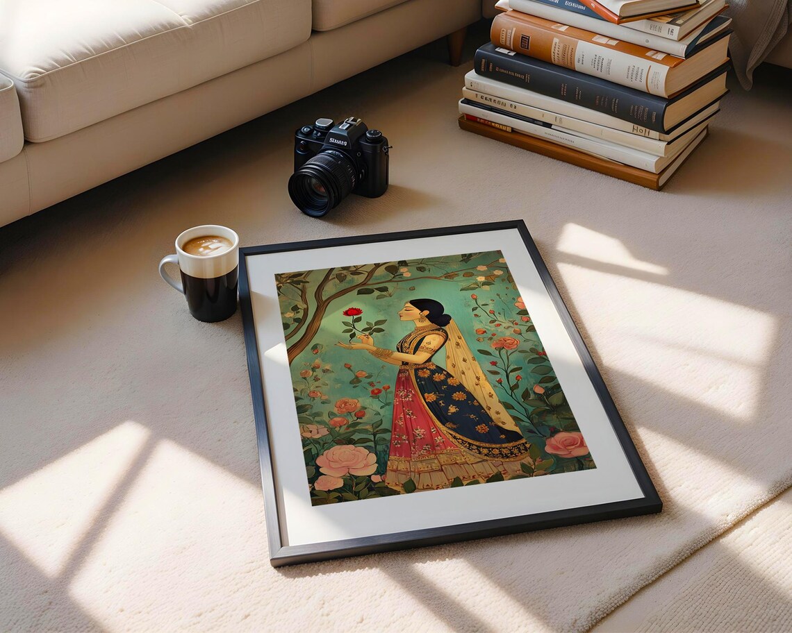 Traditional Indian Woman Red Rose Garden Mughal Style Art Poster - Image 5