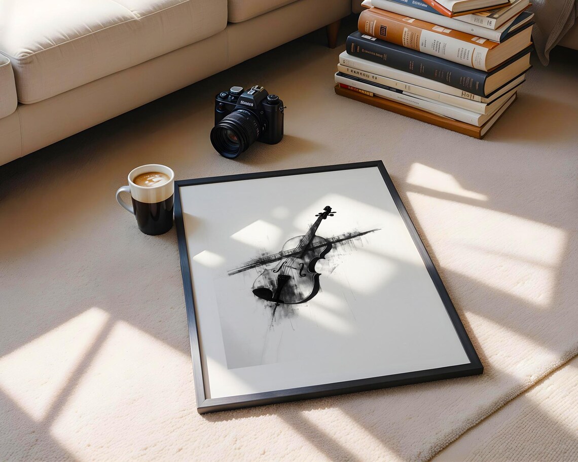 Violin with Music Staff Lines Black Ink Abstract Classical Art Poster - Image 6