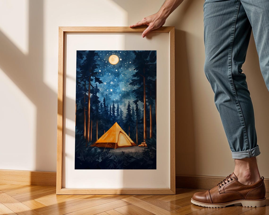 Forest Camping Under Stars Wall Art Adventure Tent Wilderness Night Sky Cozy Nature Landscape Decor - Image 2