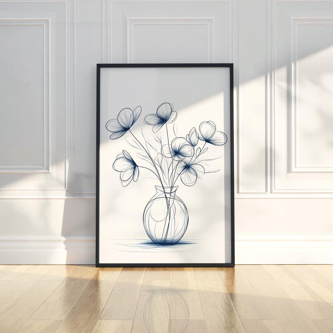 Minimalist Blue Line Art Flowers Vase Delicate Botanical Print