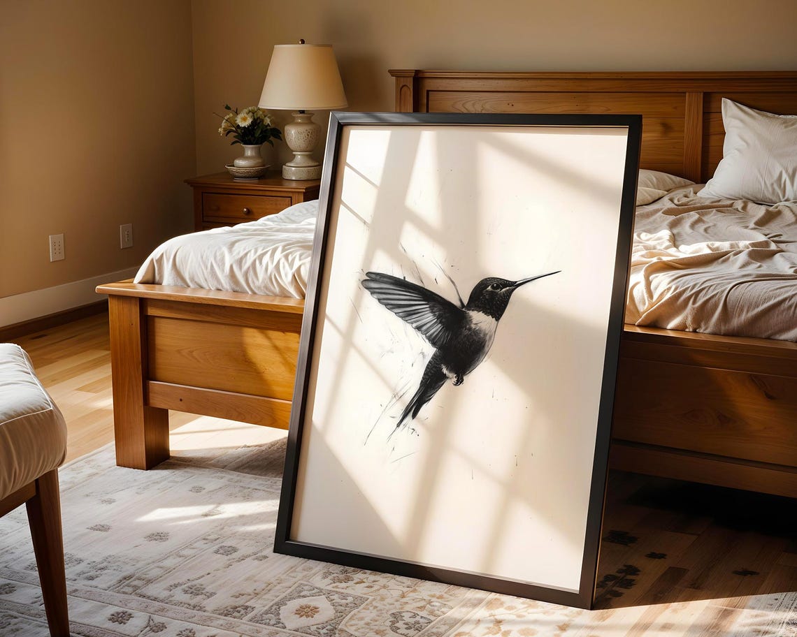 Hummingbird in Flight Black and White Charcoal Sketch Art Poster - Image 4